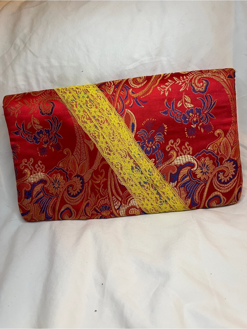 Red and Yellow Brocade Floral Clutch Bag